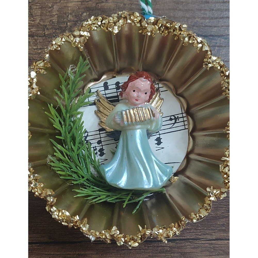 Angel Christmas Ornament OOAK Handmade Tart Tin VTG Diorama Sheet Music Blue